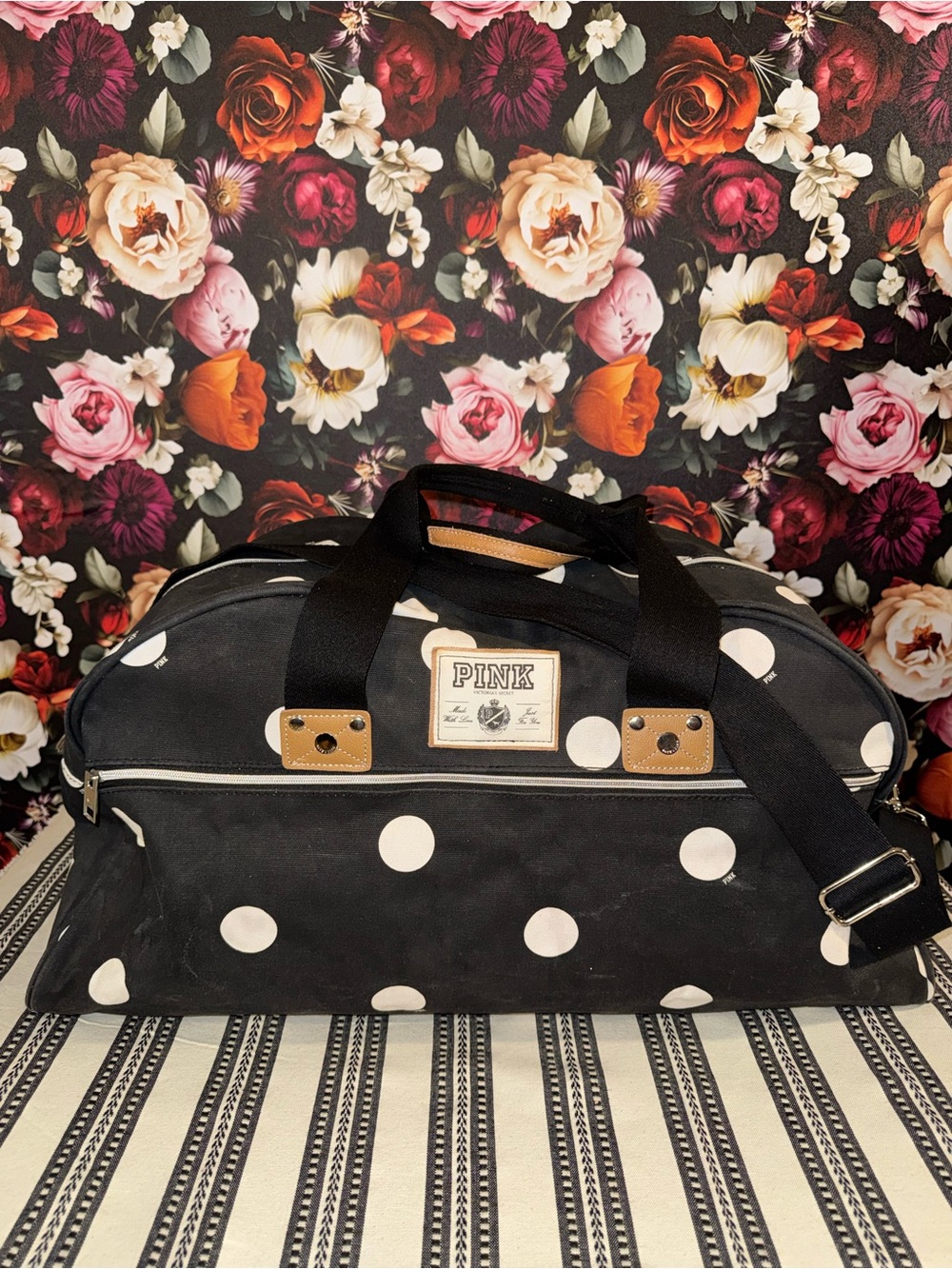 PINK Victoria's Secret Black Duffel with White Polka Dots, Vintage